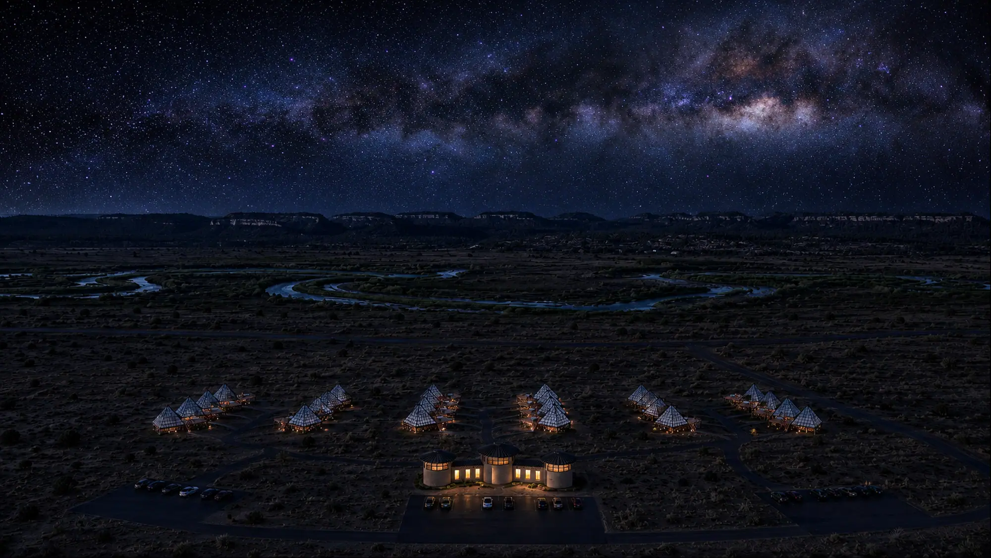 Concept render of a Dark Light Collection stargazing camp under the night sky