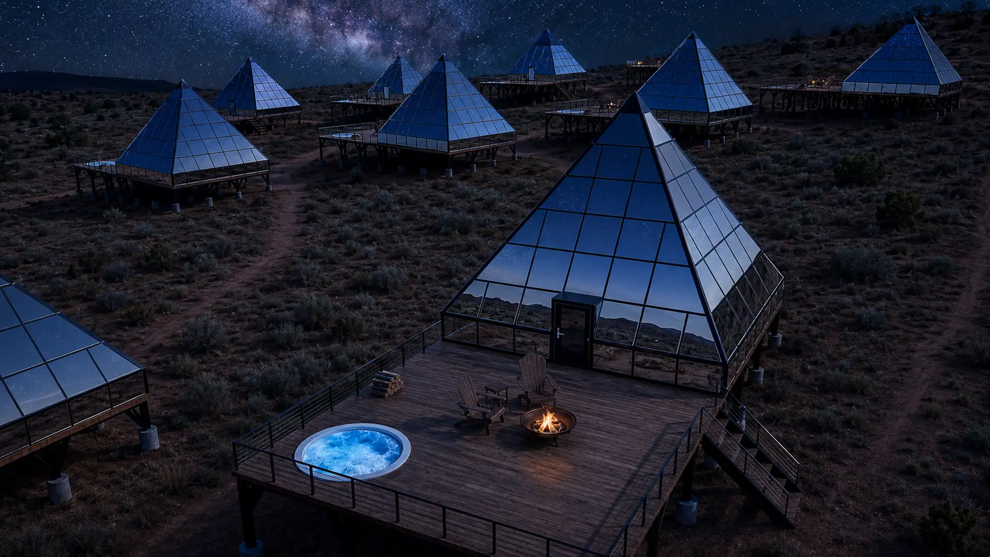 Concept render of a Dark Light Collection stargazing camp under the night sky