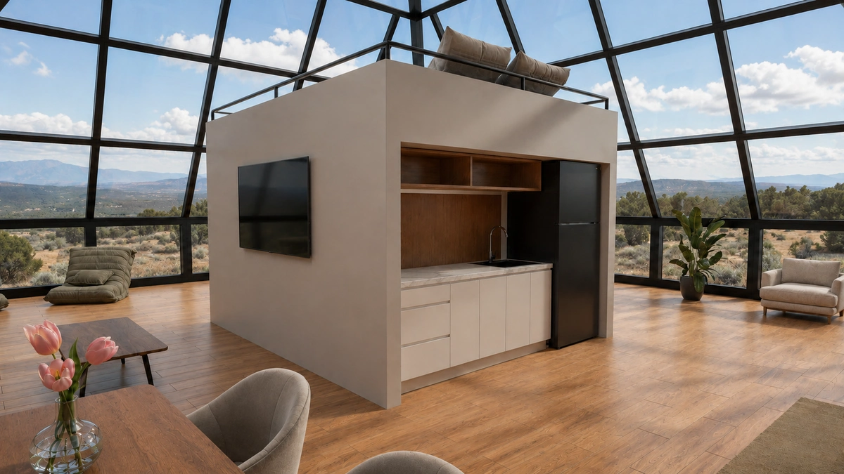 A smart-glass interior at night