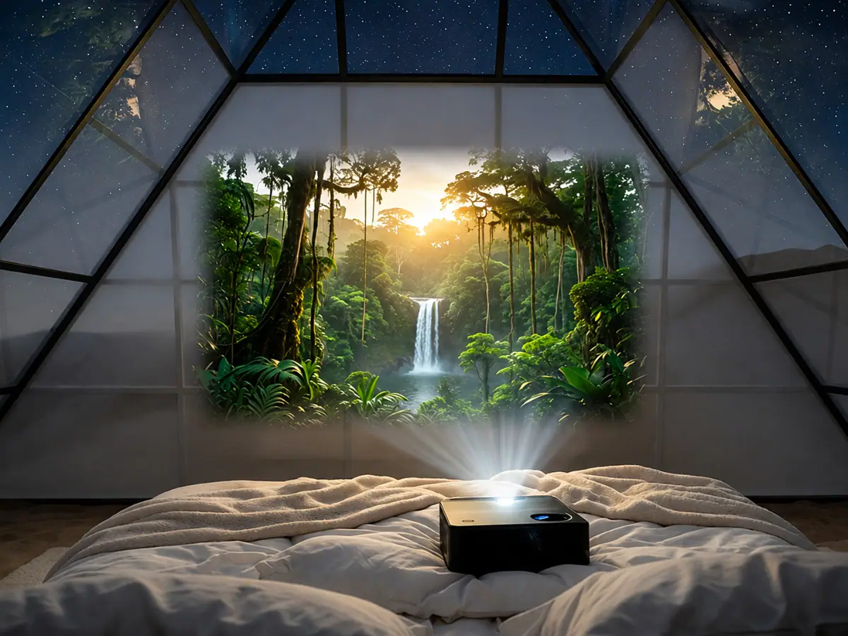 A film projected across the interior wall of a glass pyramid suite